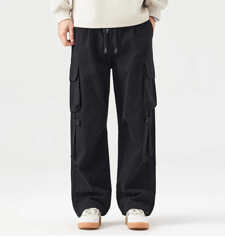 Autumn New Cargo Loose Multi-pockets 100% Cotton Straight Pants for Men Clothing Comfort Zipper Male Trouser GF258113