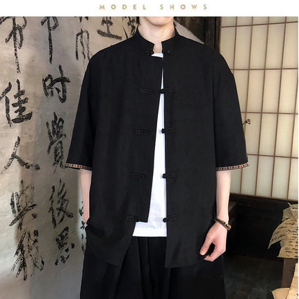 Camicie retrò da uomo, estive, eleganti, larghe, casual, leggere, sottili, traspiranti, in stile cinese, vintage, con calligrafia tradizionale.
