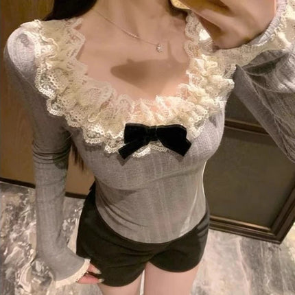 Autunno Inverno Nuovo Dolce Camicetta Rosa Donna Arco Girocollo Manica Lunga Sotto Il Strato Base Magliette e camicette Giapponese Kawaii Vestiti Sottili 2025 - platinumshop