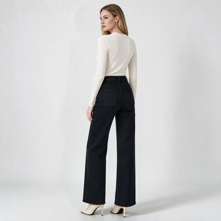 Women's Black Wide Leg Jeans, High Waist, Stretch Denim, Comfortable Loose Fit, Belt and Scarf Details, Modern Casual Style, Fashion Trousers for All Seasons, Sizes Xs-Xl，Fx1338-7