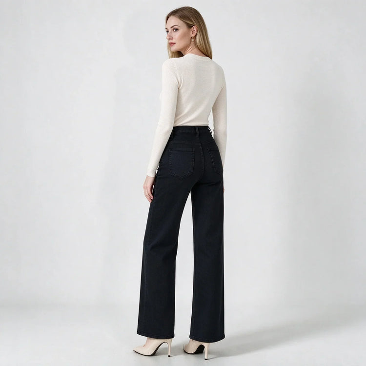 Women's Black Wide Leg Jeans, High Waist, Stretch Denim, Comfortable Loose Fit, Belt and Scarf Details, Modern Casual Style, Fashion Trousers for All Seasons, Sizes Xs-Xl，Fx1338-7
