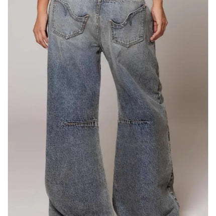 Jeans con Vita Pieghevole - Pantaloni in Denim Vintage Streetwear Blu Lavato a Gamba Larga per un Look Retrò Chic