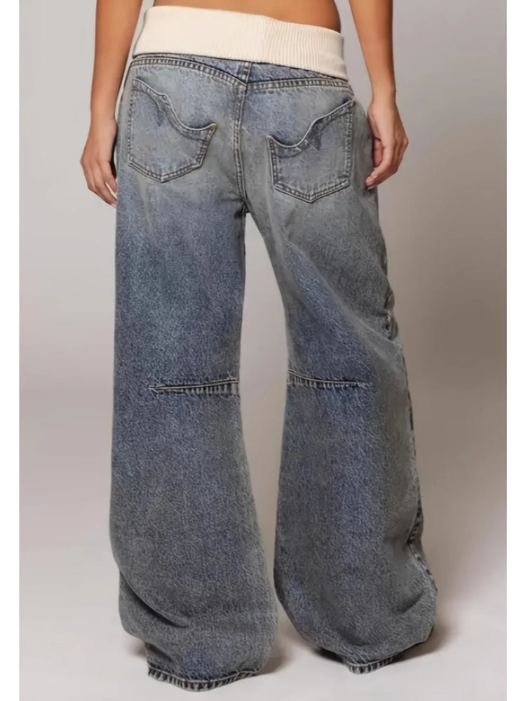 Jeans con Vita Pieghevole - Pantaloni in Denim Vintage Streetwear Blu Lavato a Gamba Larga per un Look Retrò Chic