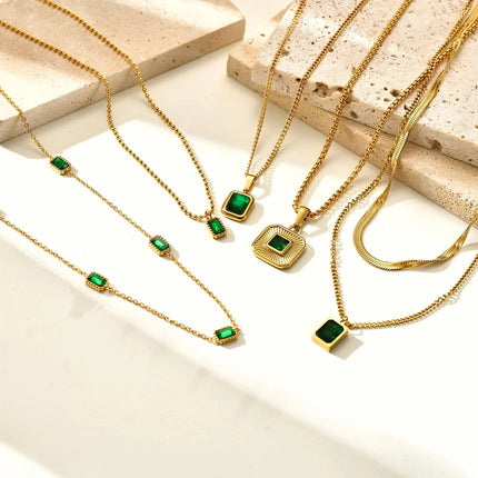 Retro Green Zircon Pendant Necklace For Women, Crystal Stone Chain Stainless Steel Gold Plated Luxury Birthday Gifts PlatiNum