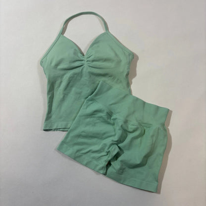 Yoga 2pcs Impact Gym Set Women Backless Tank Tops High Waist Scrunch Seamless Shorts Fitness Clothes Activewear Workout Sets