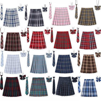 Damen Plissierter Schottenrock mit Fliege XS-5XL Harajuku Preppy Japanische Schuluniformen Mini Rock Sommer Jupe Kawaii für Mädchen