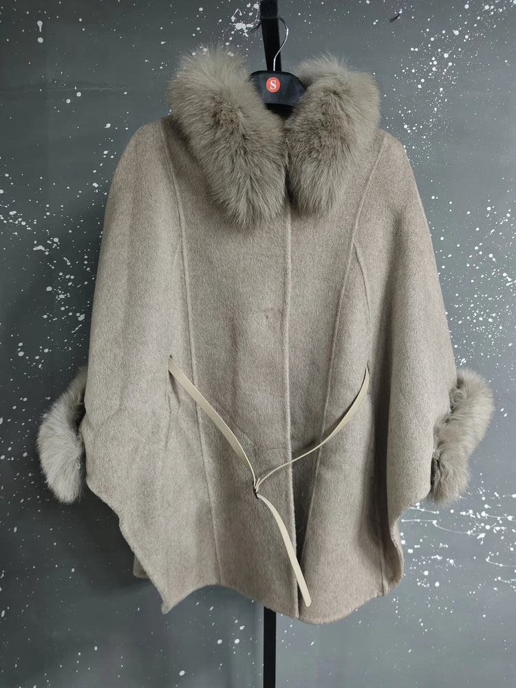 UCXQ Korean Style Two Sided Cloak Overcoat For Women Fur Collars Belt Loose Long Coats 2025 Winter New 23Z2284