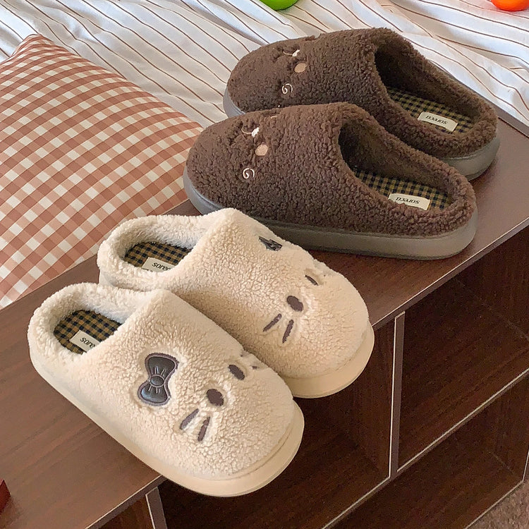 Cute Cat Winter Warm Slippers Women Men Fluffy Plush Home Shoes Red Bowknot Plaid Lining Indoor Bedroom Cotton Slides Mules New