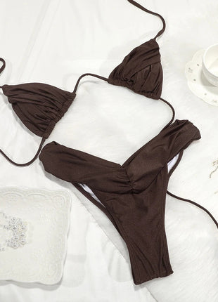 Set Bikini Sexy con Pieghe, Micro Bikini Tinta Unita, Costume da Bagno Femminile a Triangolo, Abbigliamento da Spiaggia platinumshop