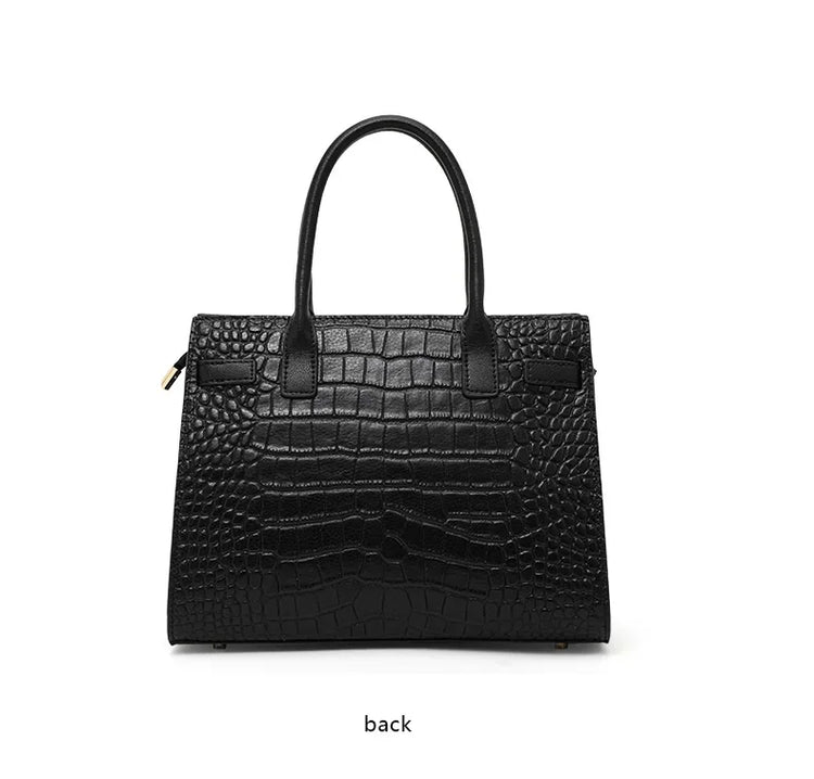 Borsa a Mano in Ecopelle Lucida Effetto Coccodrillo con Fiocco in Seta Stampata e Chiusura a Girello in Metallo, Borsa a Tracolla da Donna con Manico Superiore