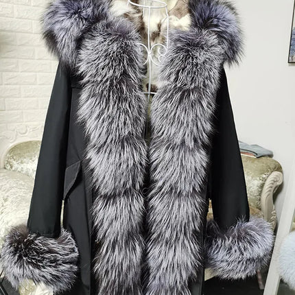 Winter Long Jacket Real Fur Coat Women Clothes Large Silver Fox Fur Collar Detachable Natural Fox Lining Parkas Leather Fur