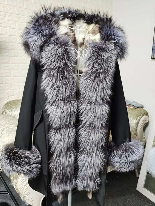 Winter Long Jacket Real Fur Coat Women Clothes Large Silver Fox Fur Collar Detachable Natural Fox Lining Parkas Leather Fur
