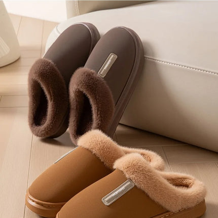 2026 New Large Size Mens Winter Cotton Slippers Thickened Non Slip Sole Indoor Home PU Plush Warm Slippers for Men
