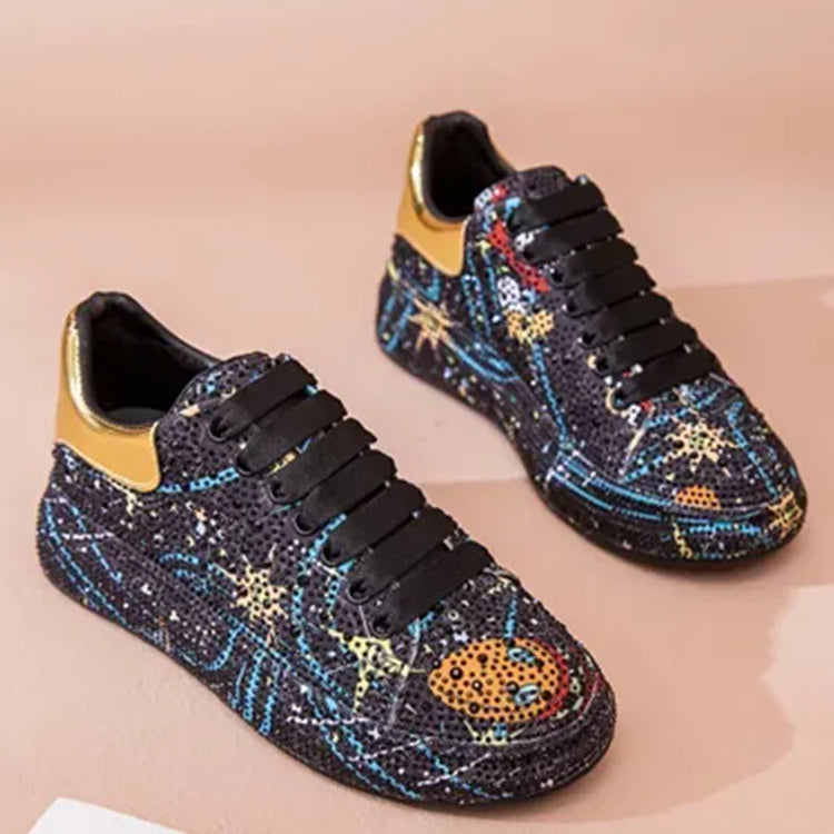 SyfIyno Spring Black Women Shoes New Style Fashion Platform Shoes Platforms Sneakers Shine Bling Graffiti Rhinestone Shoes
