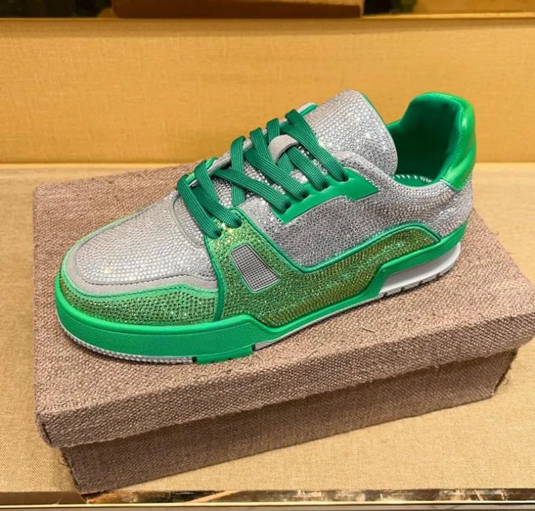 Men Diamonds Crystal Patchwork Suede Genuine Leather Shoes Lace Up Round Toe Thick Bottom Casual Shoes Height Increase Platform