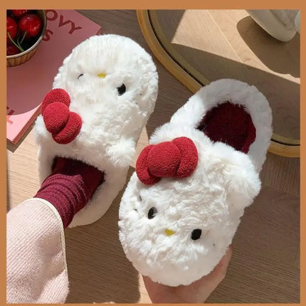 San-Rio Cute Girls Plush Slippers Cartoon Hello Kitty Winter Women Warm Cotton Shoes Female Kawaii Home Thick Sole Shoes Outdoor