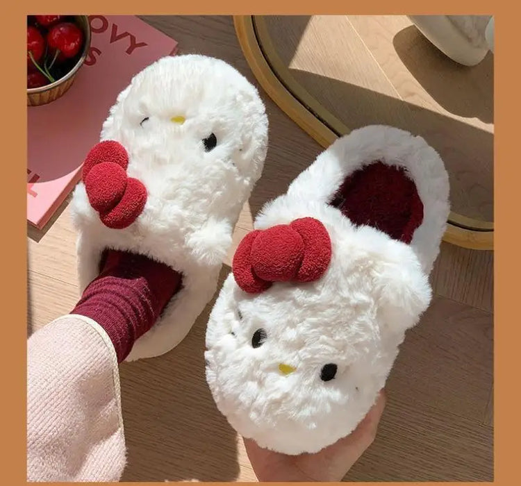 San-Rio Cute Girls Plush Slippers Cartoon Hello Kitty Winter Women Warm Cotton Shoes Female Kawaii Home Thick Sole Shoes Outdoor