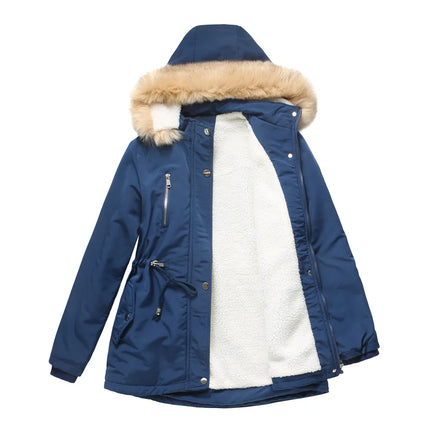 Women's Winter Coat Warm Fleece Lined Parka Detachable Faux Fur Hood Padded Jacket Slim Waist Thick Sherpa Loose Cotton Outwear