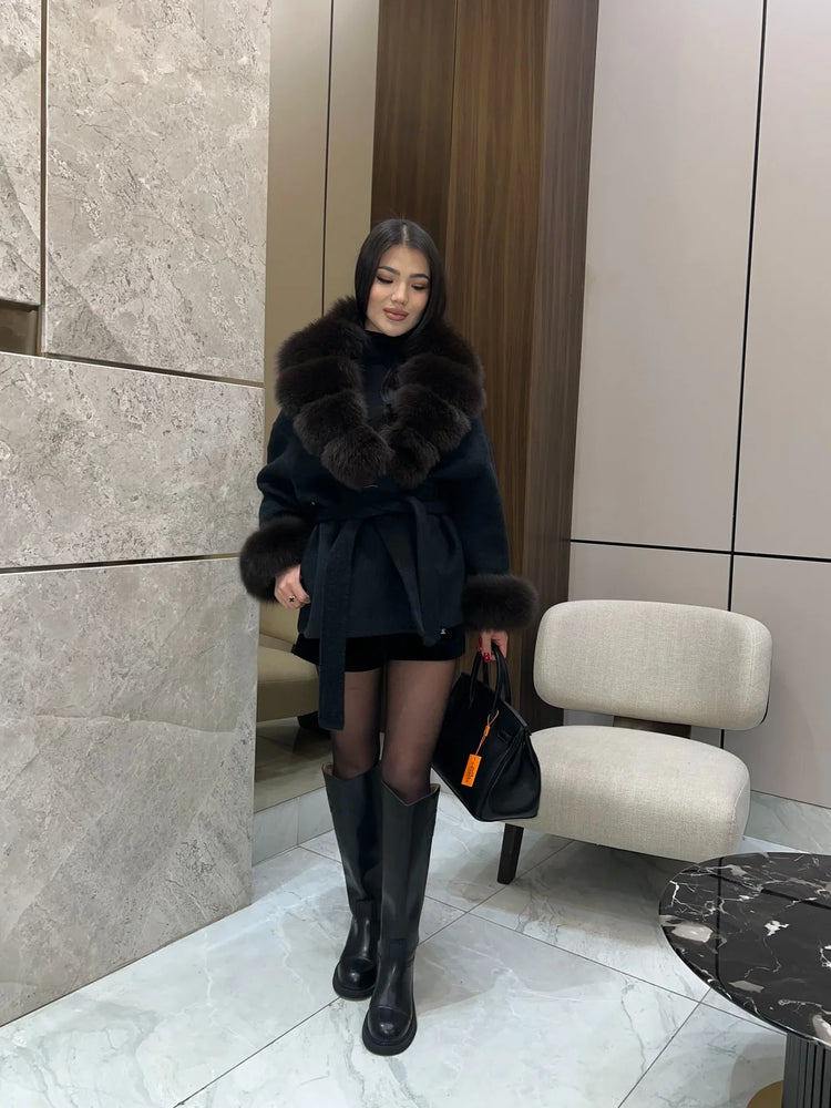 Solid Color Faux Fur Collar Cuff Wool Coat Women Belted Waist Short Jacket 2026 Winter Lady Street Daily Party Casual Outwear