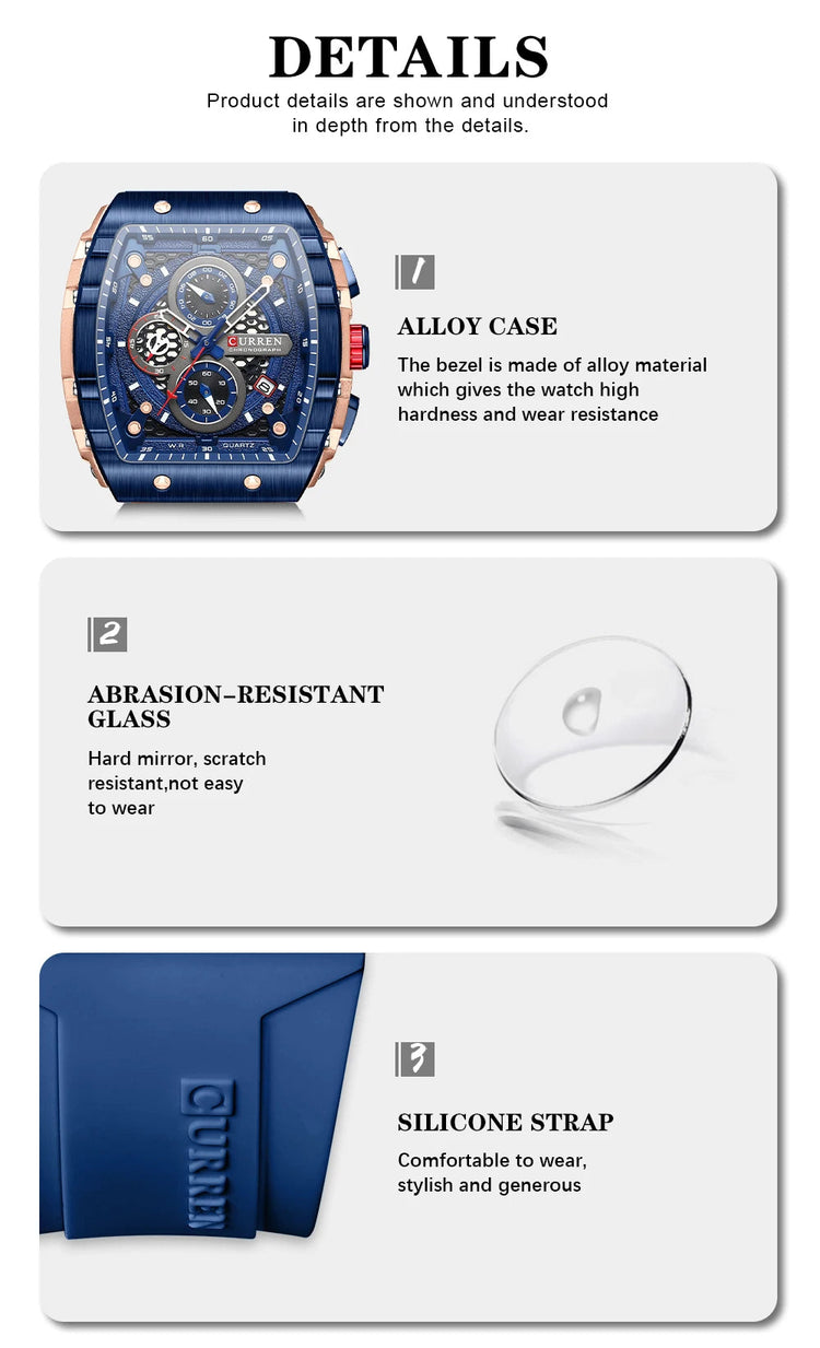 CURREN Orologio da uomo alla moda, marchio unico, design quadrato, lusso, nastro sportivo al quarzo, orologi da uomo impermeabili platinumshop