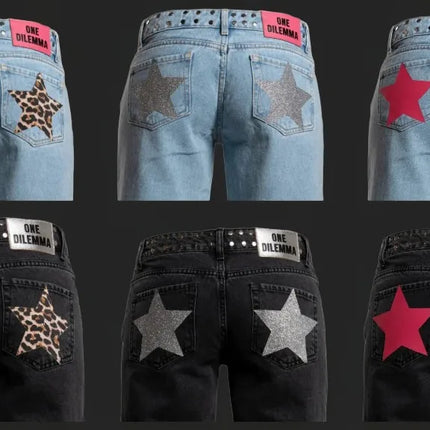 Y2k One Dilemma Pantaloni in denim Stampa leopardata Stella Jeans a gamba larga Streetwear Jeans larghi a vita alta Harajuku Abbigliamento donna gotico