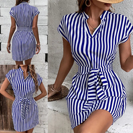 Summer New Striped Print Dress for Women 2024 Fashion V-Neck Sleeveless Lace-Up Short Skirt Elegant Office Lady Slim Dresses