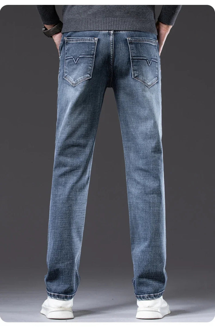 Autumn Men's Business Straight Fit Jeans Vintage Blue Smoke Gray Stretch Trousers Soft Comfortable Fabric Denim Pants Male PlatiNum