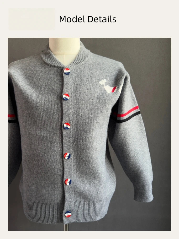 Fashion Men's Knit Cardigan High-End Brand Cartoon Dog Print Design Autumn Winter New Classic Striped Korean Casual Sweater Coat