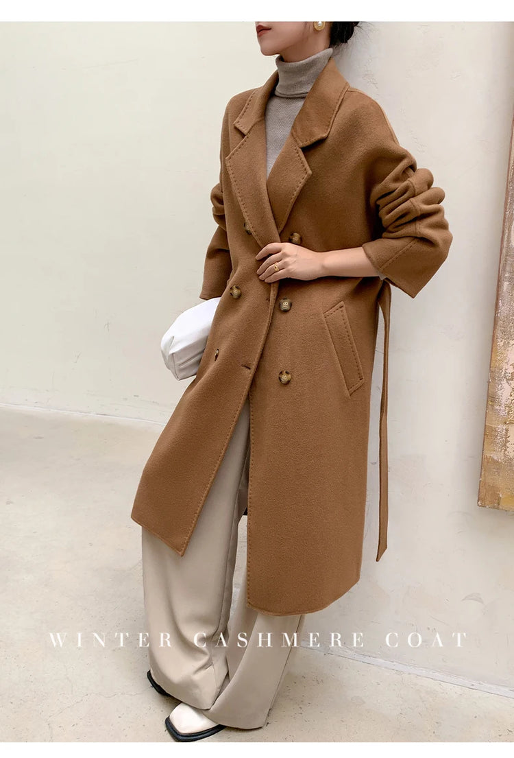 Ladies' 100% Cashmere Thick Double-Sided Extended Coat, Classic, Versatile and Fashionable for Business and Leisure