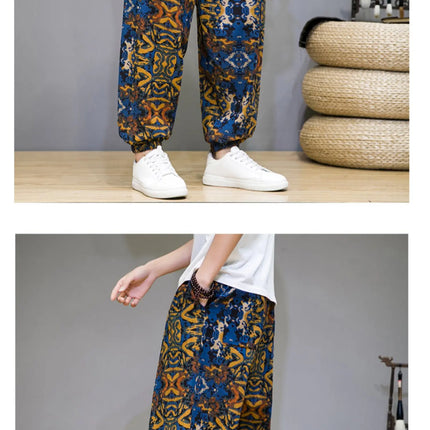Pantaloni Primavera-Estate da Uomo in Stile Cinese, Sottili e Traspiranti in Cotone e Lino, con Vita Elastica, Pantaloni Harem Stampati Casual e Comodi