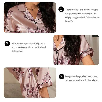Pigiama da donna elegante pigiameria in raso Pj Set stampa floreale bottoni manica corta risvolto top e pantaloni lunghi indumenti da notte vestiti per la casa platinumshop