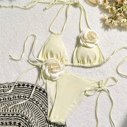 Costume da Bagno Sexy con Fiori e Fascia, Bikini a Perizoma 2025, Costumi da Bagno Donna con Lacci, Set Bikini Brasiliano, Biquini Mujer platinumshop