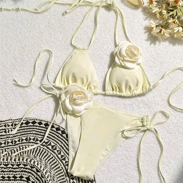 Costume da Bagno Sexy con Fiori e Fascia, Bikini a Perizoma 2025, Costumi da Bagno Donna con Lacci, Set Bikini Brasiliano, Biquini Mujer platinumshop