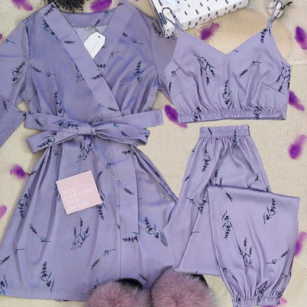 Pigiama in raso di seta sintetica Set da donna con cinturino superiore pantaloni da notte con stampa floreale pigiama autunnale abbigliamento da casa indumenti da notte abito da notte S-XXL