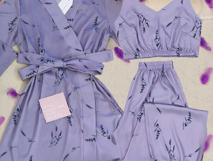 Pigiama in raso di seta sintetica Set da donna con cinturino superiore pantaloni da notte con stampa floreale pigiama autunnale abbigliamento da casa indumenti da notte abito da notte S-XXL