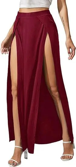 Nuova gonna elastica a vita alta da donna tinta unita spacco alto laterale vestibilità ampia assorbimento del sudore gonna lunga da spiaggia stile street