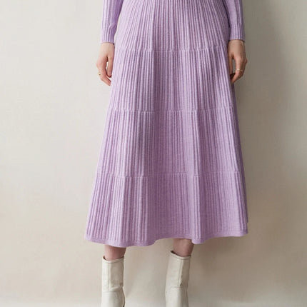 Autumn Winter Women Tiered Skirt Cashmere A-line Pleated Skirt Elastic Waist 100% Cashmere Knitted High Quality Soft Solid Dress PlatiNum