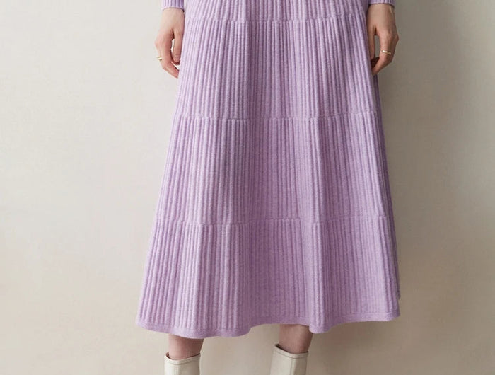 Autumn Winter Women Tiered Skirt Cashmere A-line Pleated Skirt Elastic Waist 100% Cashmere Knitted High Quality Soft Solid Dress PlatiNum