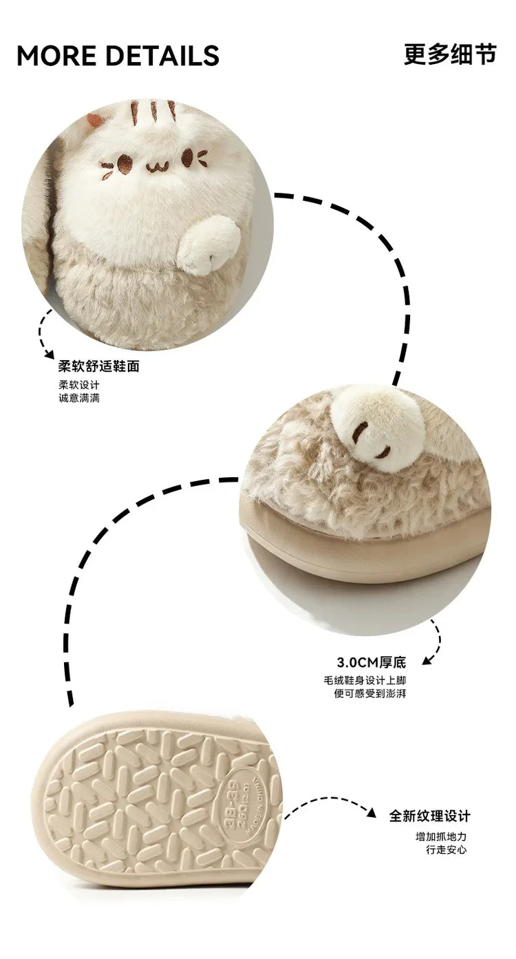 Women's Cute Cat Plush Cotton Slippers Autumn & Winter Home Anti Slip Thick Bottom Cotton Slippers Soft and Warm Indoor Slippers