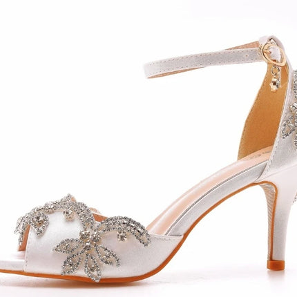 Sandalias de mujer de calidad femenina con diamantes de imitación de PU, tacón delgado de 7 cm, correa de hebilla, zapatos de vestir de estilo coreano para mujer, azul cielo maduro