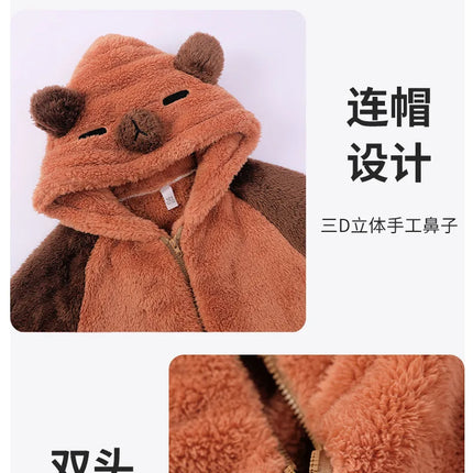 Family Matching Hooded Jumpsuit Cartoon Cypabara Onesie Winter Warm Sleepwear Boys Girls Pajamas Christmas Cartoon Home Clothes