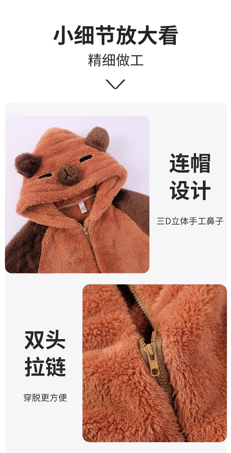 Family Matching Hooded Jumpsuit Cartoon Cypabara Onesie Winter Warm Sleepwear Boys Girls Pajamas Christmas Cartoon Home Clothes
