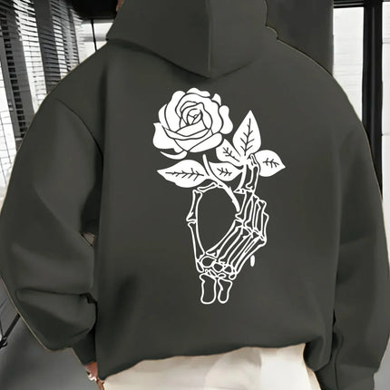 Gothic Skeleton Hand Holding Rose Large Back Print Hoodie Pullover Unisex Loose Fleece Lined Autumn Winter