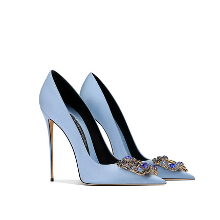 Nuove Scarpe da Donna Primavera-Autunno 2026, Tacchi Alti Blu con Punta Sottile, Strass e Fibbia Quadrata, Eleganti e alla Moda