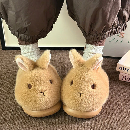 Novelty Cartoon Rabbit Slippers For Women Upright Ear Bunny Fluffy Plush Mules Woman Warm Full Back Home Slippers Winter Shoes