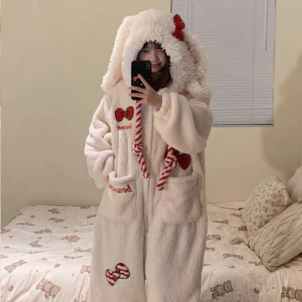 New Sweet and Cute Bow Rabbit One-piece Pajamas Women's Winter New Fleece Thickened Coral Fleece Large Size Loungewear Sleepwear