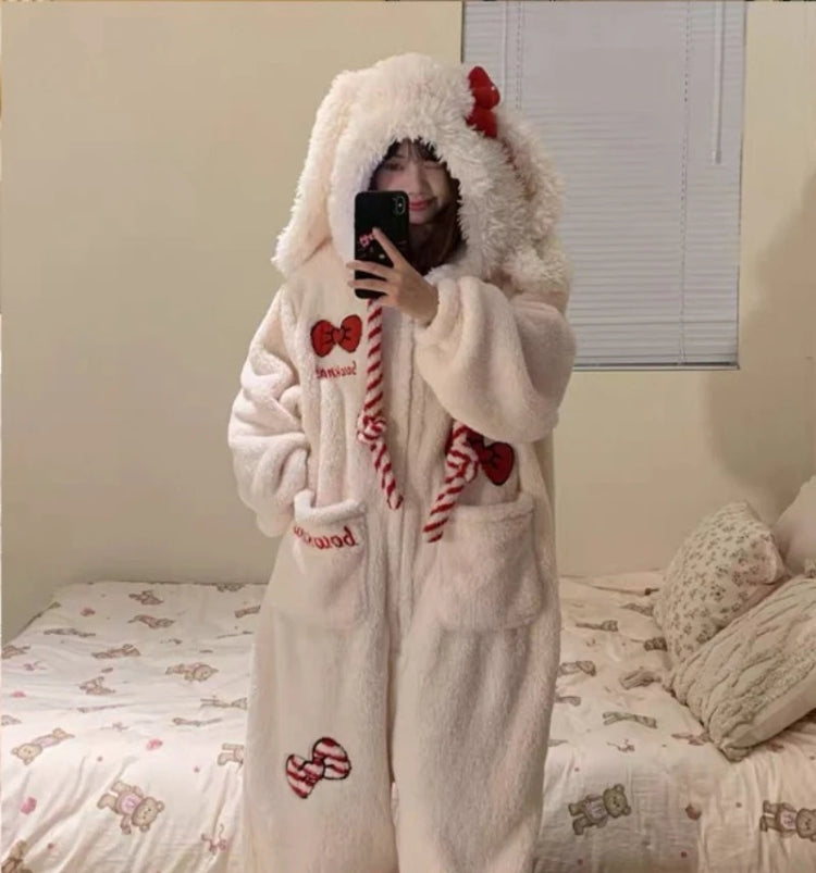New Sweet and Cute Bow Rabbit One-piece Pajamas Women's Winter New Fleece Thickened Coral Fleece Large Size Loungewear Sleepwear