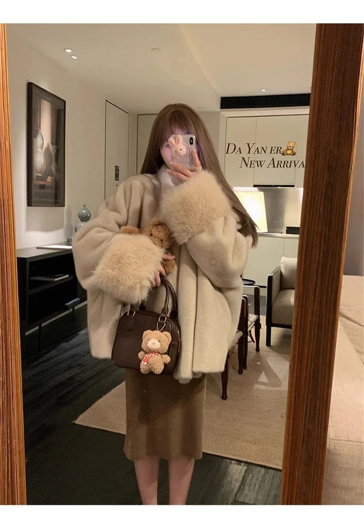 2026 Imported Velvet Mink Fur Coat With Mink Fur Collar,Temperament  Medium Length Fur Jacket Women