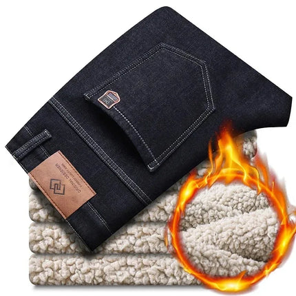2026 New Plush Lined Business Male Trousers Winter Lamb Fluff Jeans Men Straight Denim Pants Thicken Fleece Warm Stretch Jeansy