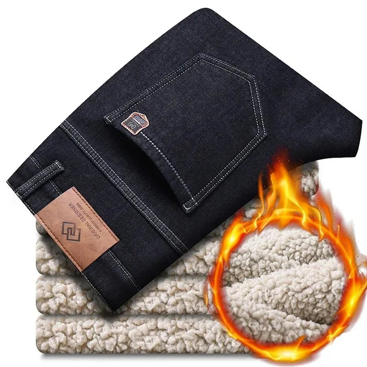 2026 New Plush Lined Business Male Trousers Winter Lamb Fluff Jeans Men Straight Denim Pants Thicken Fleece Warm Stretch Jeansy